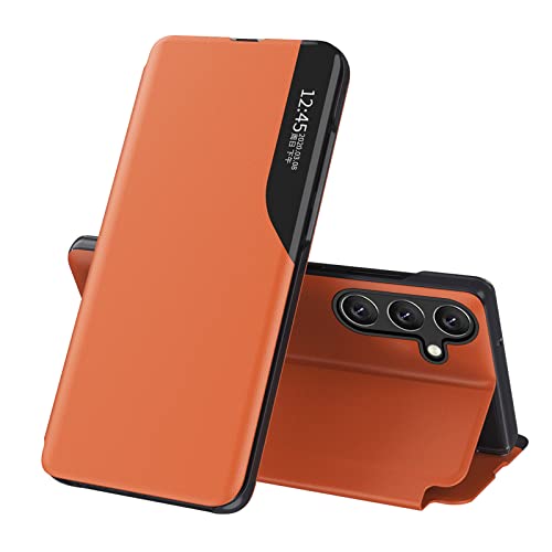 QIWEIQING Schutzhülle für Samsung Galaxy A34 5G, Smart Clear View Window Mirror Case Metall PC Flip Folio Stand Handyhülle Ganzkörper Anti-Kratzer Schutzhülle Samsung A34 5G. Orange QH3 von QIWEIQING