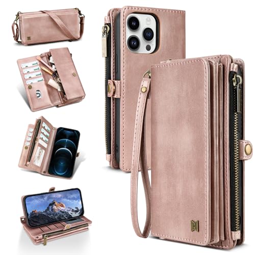 QIXIU Schutzhülle für iPhone 11 Pro Max, RFID-blockierend, PU-Leder, für Damen und Herren, mit Ständer, Handschlaufe, Reißverschluss, Kreditkartenfächer, für Apple iPhone 11 Pro Max (Roségold) von QIXIU