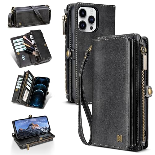 QIXIU Schutzhülle für iPhone 11 Pro Max, RFID-blockierend, PU-Leder, für Damen und Herren, mit Ständer, Handschlaufe, Reißverschluss, Kreditkartenfächer, für Apple iPhone 11 Pro Max (schwarz) von QIXIU