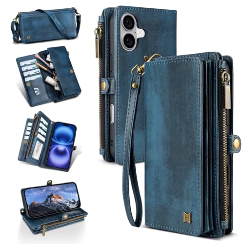 QIXIU Schutzhülle für iPhone 16 Plus, RFID-blockierend, PU-Leder, für Damen und Herren, mit Ständer, Handschlaufe, Reißverschluss, Kreditkartenfächer, für Apple iPhone 16 Plus, Blau QIXIU Schutzhülle für iPhone 16 Plus, RFID-blockierend, PU-Leder, für Damen und Herren, mit Ständer, Handschlaufe, Reißverschluss, Kreditkartenfächer, für Apple iPhone 16 Plus, Blau von QIXIU