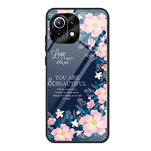 QIYIN Farbverlauf Glas Hülle für Xiaomi 11 Lite 5G NE/Xiaomi Mi 11 Lite 4G/5G, TPU/PC Silikon Schutzhülle Bunt Panzerglas Handyhülle, Stoßfeste TPU Bumper Case (Blumen) von QIYIN