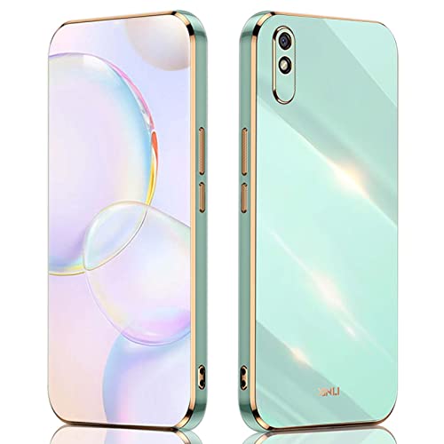 QIYIN Hülle für Xiaomi Redmi 9AT/Redmi 9A, Schlanke Farbe Silikonhülle für Damen, Goldrahmen Bumper Shell Stoßfeste Handyhülle, Weiche Case Zum Schutz der Kamera (Grün) von QIYIN