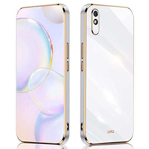 QIYIN Hülle für Xiaomi Redmi 9AT/Redmi 9A, Schlanke Farbe Silikonhülle für Damen, Goldrahmen Bumper Shell Stoßfeste Handyhülle, Weiche Case Zum Schutz der Kamera (Weiß) von QIYIN