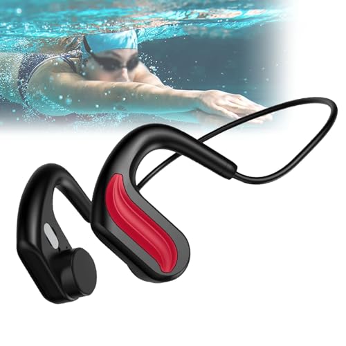 QIeAny IP68 wasserdichtes Schwimmen – Knochenleitungs-MP3-Kopfhörer (Nicht im Ohr) mit 32 GB Speicher | 10-Stunden-Akku | Stereo + kein Tonverlust | Magnetisches Schnellladen, Tauchen, Laufen,Red von QIeAny