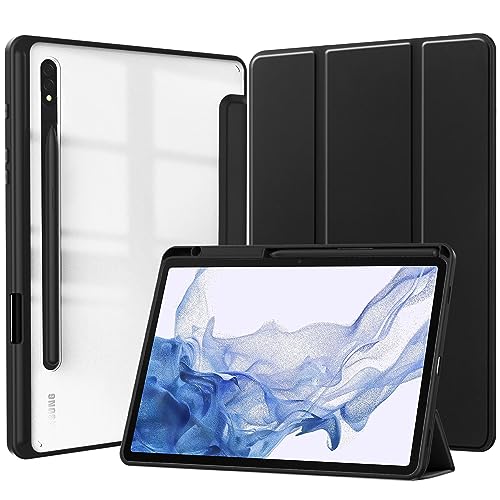 QJONSIU Hülle Kompatibel mit Samsung Galaxy Tab S10 Ultra, [Standfunktion] Ultradünne Weiche TPU Smart Cover mit Auto Sleep Wake, Klares Acryl Anti-Kratz Hülle-Schwarz von QJONSIU