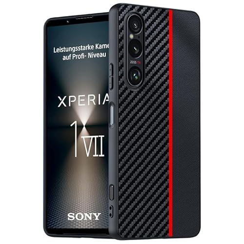 QJONSIU Hülle Kompatibel mit Sony Xperia 1 VII, Anti-Kratzer Ultradünnes PC Schutzhülle Case Karbonfaser Textur-Schwarz Rot von QJONSIU