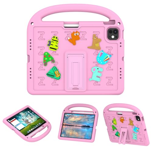 QJONSIU Hülle Kompatibel mit iPad Air 11 2024, PC Anti-Kratz Schutzhülle, Stoßfeste Kinderhülle mit Griff und Kickstand-Rosa von QJONSIU