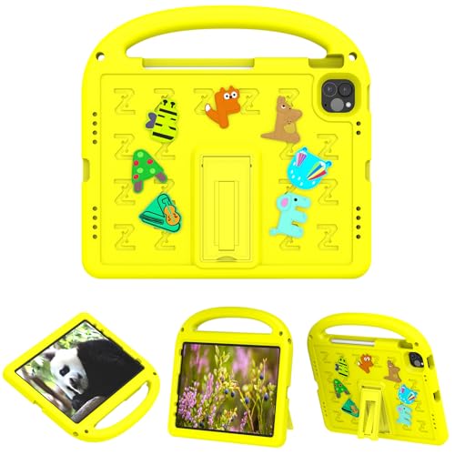 QJONSIU Hülle Kompatibel mit iPad Air 5 2022, PC Anti-Kratz Schutzhülle, Stoßfeste Kinderhülle mit Griff und Kickstand-Gelb von QJONSIU