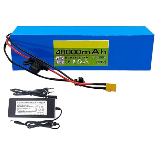 48 V 48 Ah Lithium-Ionen-Akku für Elektrofahrräder, wasserdicht, PVC, 13S3P-Akku mit Ladegerät, integrierter BMS-Schutz für E-Bike-Motor XT90 48 V 48 Ah Lithium-Ionen-Akku für Elektrofahrräder, wasserdicht, PVC, 13S3P-Akku mit Ladegerät, integrierter BMS-Schutz für E-Bike-Motor XT90 von QJWM