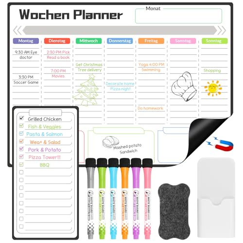 QLOUNI 2 Stück Magnetisch Wochenplaner Abwischbar 40x30/15x30cm Aufgabenplaner Familie Whiteboard Kühlschrank Magnetischer Wochenplaner mit 6 Stifte, 1 Whiteboard-Radierer, 1 Magnetisches Stiftetui von QLOUNI