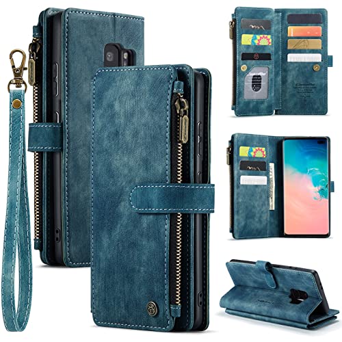 M CASEME QLTYPRI Case for Samsung Galaxy S9 Plus, Vintage PU Leather Wallet Case Zipper Card Slots Kickstand Protective Cover with Lanyard Shockproof Phone Case for Samsung S9 Plus - Blue von QLTYPRI