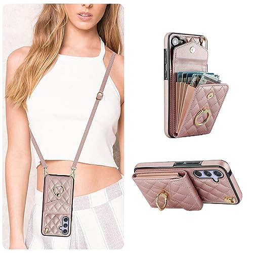 QLTYPRI Handyhülle für Samsung Galaxy A55 5G Hülle mit Band, Mikrofaser Leder Handykette Case mit Kartenfach Ringständer RFID Schutzhülle Lederhülle Tasche Etui für Samsung Galaxy A55 5G - Roségold von QLTYPRI