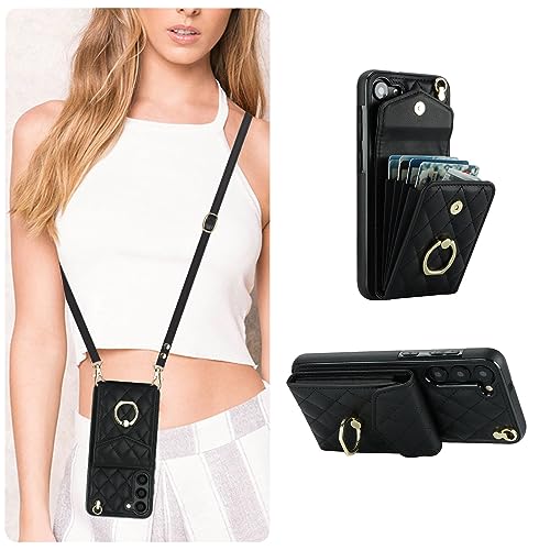 QLTYPRI Handyhülle für Samsung Galaxy S24 Plus Hülle mit Band, Mikrofaser Leder Handykette Case mit Kartenfach Ringständer RFID Schutzhülle Lederhülle Tasche Etui für Samsung S24 Plus - Schwarz von QLTYPRI