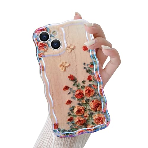 QLTYPRI Handyhülle für iPhone 13, Süße Vintage Ölgemälde Blume Hülle Bunte Glitzer Mädchen Frauen Cover Lockiges Wellen Rahmenform Weich TPU Bumper Silikon Case Stoßfeste Schutzhülle - Beige von QLTYPRI