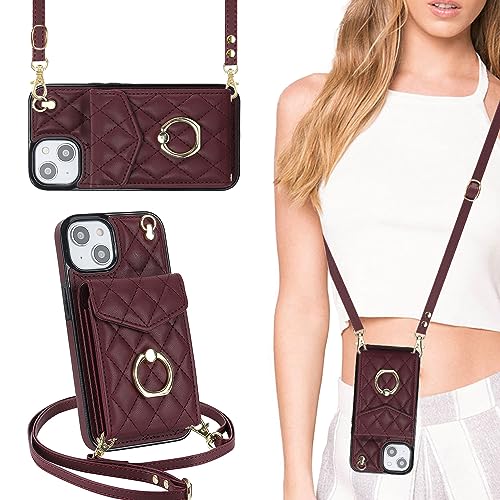 QLTYPRI Handyhülle für iPhone 13/iPhone 14 Hülle mit Band, Mikrofaser Leder Handykette Case mit Kartenfach Ringständer RFID Schutzhülle Lederhülle Tasche Etui für iPhone 13/iPhone 14 - Weinrot QLTYPRI Handyhülle für iPhone 13/iPhone 14 Hülle mit Band, Mikrofaser Leder Handykette Case mit Kartenfach Ringständer RFID Schutzhülle Lederhülle Tasche Etui für iPhone 13/iPhone 14 - Weinrot von QLTYPRI