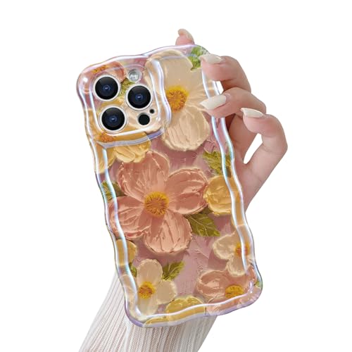 QLTYPRI Bunte Vintage Ölgemälde Blume Hülle für iPhone 13 Pro Max Handyhülle für Mädchen Frauen, Laserblume Lockiges Wellen Rahmenform Soft TPU Case Bumper Silikon Stoßfeste Schutzhülle - Rosa von QLTYPRI