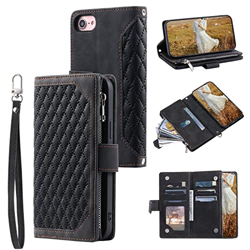 QLTYPRI Handyhülle für iPhone SE 2022 /iPhone SE 2020/iPhone 8/iPhone 7, Gesteppte Leder Hülle Wallet Case mit Handschlaufe Kartenhalter Reißverschluss Brieftasche Handytasche Schutzhülle - Schwarz-1 von QLTYPRI