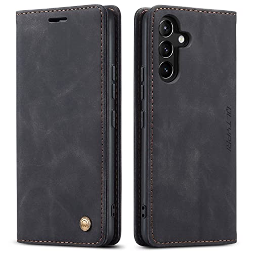 QLTYPRI Hülle für Samsung Galaxy A35 5G, Vintage Dünne Handyhülle mit Kartenfach Geld Slot Ständer PU Ledertasche TPU Bumper Wallet Case Flip Schutzhülle für Samsung Galaxy A35 5G - Schwarz von QLTYPRI