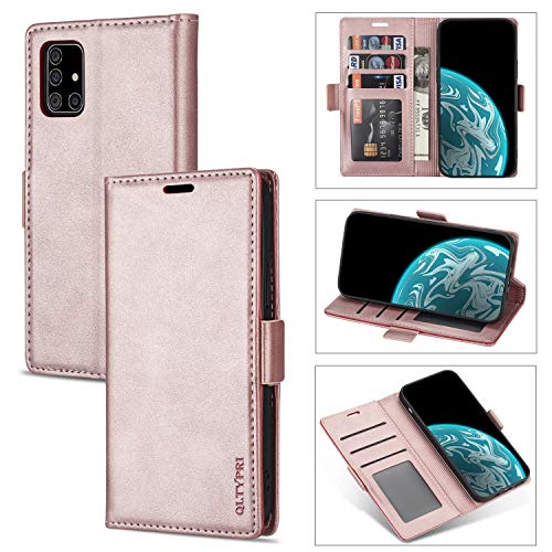 QLTYPRI Hülle für Samsung Galaxy A51, Premium Weiches Leder Handyhülle mit Kartenfach Ständer Magnetische Ledertasche Kompatibel mit Samsung Galaxy A51 - Rosegold von QLTYPRI