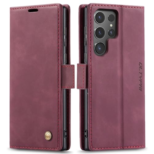 QLTYPRI Hülle für Samsung Galaxy S24 Ultra, Vintage Dünne Handyhülle mit Kartenfach Geld Slot Ständer PU Ledertasche TPU Bumper Wallet Case Flip Schutzhülle für Samsung Galaxy S24 Ultra - Rot von QLTYPRI