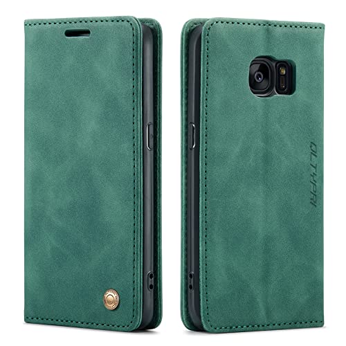 QLTYPRI Hülle für Samsung Galaxy S7, Vintage Dünne Handyhülle mit Kartenfach Geld Slot Ständer PU Ledertasche TPU Bumper Flip Schutzhülle Kompatibel mit Samsung Galaxy S7 - Grün von QLTYPRI