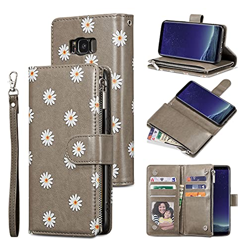 QLTYPRI Hülle für Samsung Galaxy S8, Handyhülle Leder mit großem Fassungsvermögen 6 Kartenhalter & 1 Reißverschlusstasche Gänseblümchen Muster Schutzhülle für Samsung Galaxy S8 –Grau von QLTYPRI