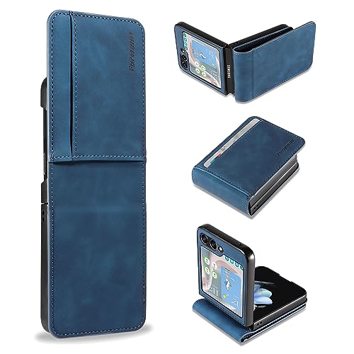 QLTYPRI Hülle für Samsung Galaxy Z Flip 5, Premium Dünne Ledertasche Handyhülle mit Kartenfach Ständer Flip Stoßfest Kratzfest Schutzhülle Kompatibel mit Samsung Galaxy Z Flip 5 5G- Blau von QLTYPRI