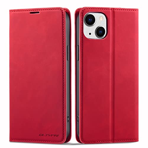 QLTYPRI Hülle für iPhone 15 Plus (6,7 Zoll), Premium Dünne Ledertasche Handyhülle mit Kartenfach Ständer Flip Schutzhülle Kompatibel mit iPhone 15 Plus - Rot von QLTYPRI
