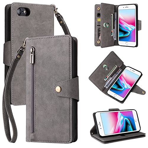 QLTYPRI Hülle für iPhone 7/8/SE 2020/SE 2022 5G, Premium PU Leder Handyhülle mit 9 Kartenfach und Trageband, Reißverschluss Brieftasche Geldbörse Klapphülle Ständer Schutzhülle - Grau von QLTYPRI