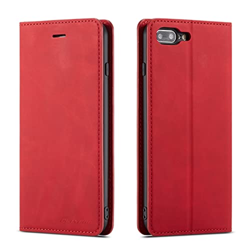 QLTYPRI Hülle für iPhone 7 Plus 8 Plus, Premium Dünne Ledertasche Handyhülle mit Kartenfach Ständer Flip Schutzhülle Kompatibel mit iPhone 7 Plus 8 Plus - Rot von QLTYPRI