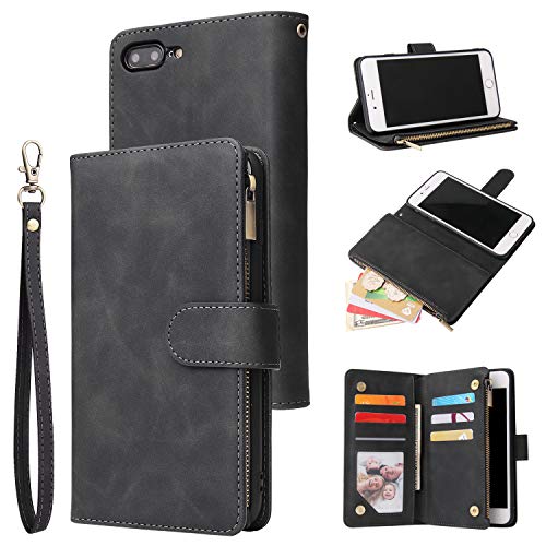 QLTYPRI Hülle für iPhone 7 iPhone 8 iPhone SE 2020, Premium Leder Handyhülle mit Große Kapazität 6 Kartenfach & 1 Reißverschluss Tasche Ständer Schutzhülle für iPhone 7 8 SE 2020 - Schwarz von QLTYPRI