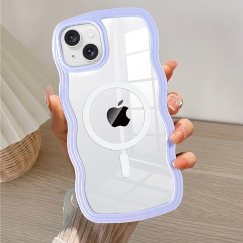 QLTYPRI Magnetisch Hülle für iPhone 15 Handyhülle [Kompatibel mit MagSafe], Aesthetic Klar Wellen Rahmenform Silikon TPU Case für Mädchen Frauen Stoßfeste Schutzhülle - Lila von QLTYPRI