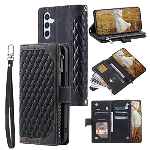 QLTYPRI Schutzhülle für Samsung Galaxy A55 5G, luxuriös, gestepptes PU-Leder, Brieftaschen-Schutzhülle mit Kartenfächern für Damen, magnetischer Reißverschluss, Handschlaufe, Ständer, stoßfest, von QLTYPRI