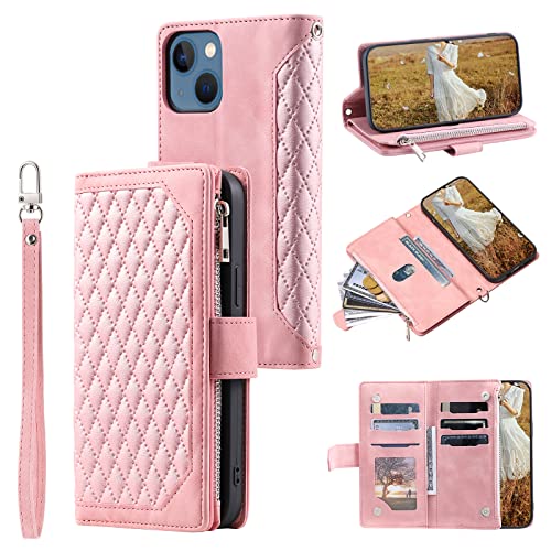 QLTYPRI Schutzhülle für iPhone 13 (15,5 cm (6,1 Zoll), luxuriös, gestepptes PU-Leder, Brieftaschen-Schutzhülle mit Kartenfächern, magnetischer Reißverschluss, Handschlaufe, Ständer, stoßfest, Roségold von QLTYPRI