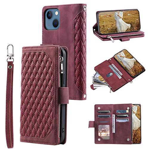 QLTYPRI Schutzhülle für iPhone 14 (15,5 cm (6,1 Zoll), luxuriös, gestepptes PU-Leder, Brieftaschen-Schutzhülle mit Kartenfächern, magnetischer Reißverschluss, Handschlaufe, Ständer, stoßfest, Weinrot von QLTYPRI