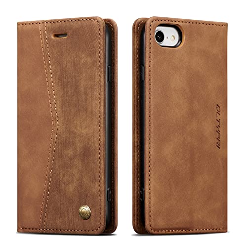 QLTYPRI Schutzhülle für iPhone SE 2022 5G/iPhone 8/iPhone 7, Vintage Folio PU Leder Hülle mit Kartenfächern Magnetverschluss Kickstand Flip Crashproof Phone Cover für iPhone 7/8/SE2/SE3-Braun von QLTYPRI