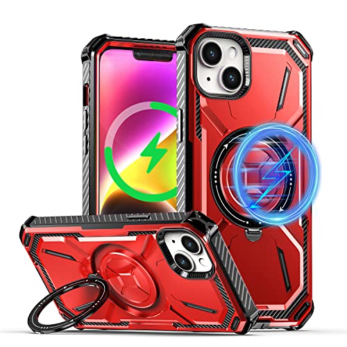QLTYPRI für iPhone 13 Militär Stoßfest Hülle, iPhone 14 Magnetisch Handyhülle Kompatibel mit MagSafe Ladegerät, Armor Heavy Duty Schutzhülle mit Ständer Case für iPhone 13/14 - Rot von QLTYPRI