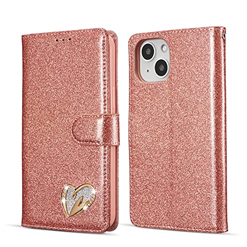 QLTYPRI iPhone 13 Hülle, Glitzer Handyhülle PU Ledertasche TPU Etui Handschlaufe Kartenfach mit Eingelegten Liebe Herz Diamond Flip Schutzhülle für iPhone 13 (6,1 Zoll) - Roségold von QLTYPRI