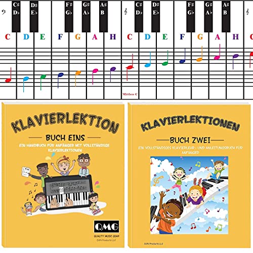 Klavier- und Keyboard-Notentabelle, kompletter Klaviermusikunterricht mit Farbnoten, Handbuch 1 und Handbuch 2 für Kinder und Anfänger von QMG