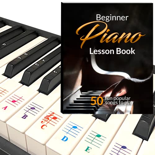 Klavierunterrichtsbuch für Anfänger, 50 erstaunliche und beliebte Songs, farbige Klavier- und Tastaturaufkleber für 88/76/61/54/49/37-Tasten, transparent und abnehmbar von QMG