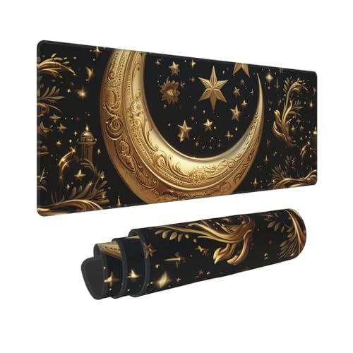 Großes Gaming-Mauspad mit rutschfester Gummiunterseite, goldene Sterne und Mond, Mauspad mit genähtem Rand, erweiterte Schreibtischunterlage für Laptop, 30,5 x 80 cm, Schreibtischunterlage für Büro Großes Gaming-Mauspad mit rutschfester Gummiunterseite, goldene Sterne und Mond, Mauspad mit genähtem Rand, erweiterte Schreibtischunterlage für Laptop, 30,5 x 80 cm, Schreibtischunterlage für Büro von QMNSEHF