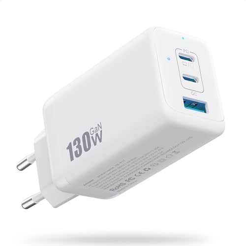 USB C Ladegerät 130W, 3-Port GaN III Tech USB C Netzteil, 65W PD Schnellladegerät Mehrfach Ladegerät USB Power Adapter für MacBook Pro/Air, iPad, iPhone 16/16 Pro, Dell XPS 13 usw (Weiß) von QODJN