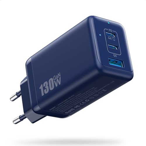 USB C Ladegerät 130W, 3-Port GaN III Tech USB C Netzteil, 65W PD Schnellladegerät Mehrfach Ladegerät USB Power Adapter für MacBook Pro/Air, iPad, iPhone 16/16 Pro, Dell XPS 13 usw (Blau) von QODJN