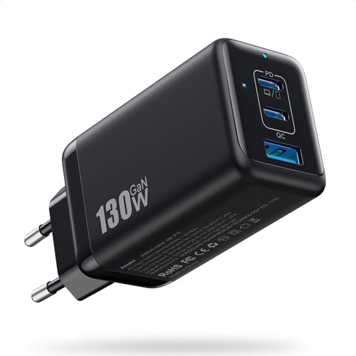 USB C Ladegerät 130W, 3-Port GaN III Tech USB C Netzteil, 65W PD Schnellladegerät Mehrfach Ladegerät USB Power Adapter für MacBook Pro/Air, iPad, iPhone 16/16 Pro, Dell XPS 13 usw (Schwarz) von QODJN