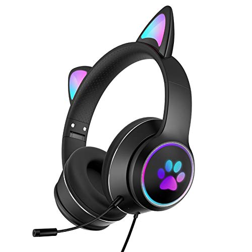 QOTSTEOS Katzenohr-Kopfhörer, leichtes kabelgebundenes Gaming-Headset für Kinder mit LED-Licht, Faltbarer Stereo-Sound mit Mikrofon und 3,5-Audiokabel für Handy/Tablet/Laptop/PC(Schwarz) von QOTSTEOS