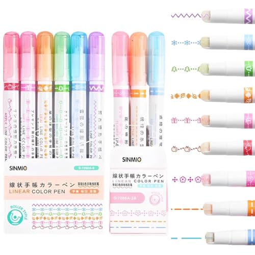 QOWIJEX 9 Stück Farbige Kurvenstifte für Notizen, mit 9 verschiedenen Kurvenformen und 6 Farben feine Linien, Curve Textmarker Stift Set für Kinder Journaling Notizen,Weihnachts-Muster von QOWIJEX