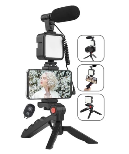 QPLOVE Smartphone Video Kit, Mobilphone Video Vlog Kit mit Mikrofon, LED-Licht, Telefonständer, Stativ, kompatibel mit iPhone, Android, für Tiktok, YouTube, Aufnahme, Vlogging, Live Streaming von QPLOVE