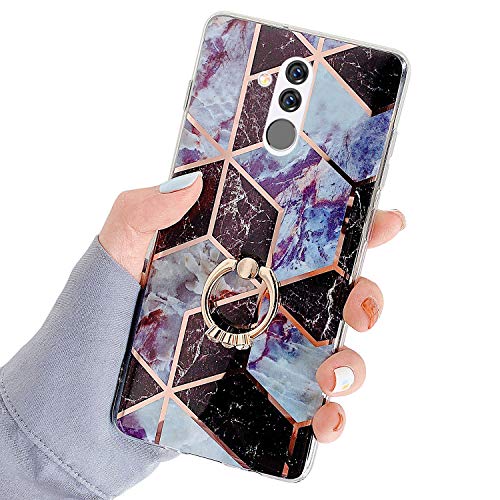 QPOLLY Handyhülle kompatibel mit Huawei Mate 20 Lite Hülle Marmor Blau Glitzer Bling Shiny mit 360 Ring Ständer Ultra Dünn Weich Silikon Schutzhülle Stoßfest Bumper Hülle Tasche Case,Marble#6 von QPOLLY