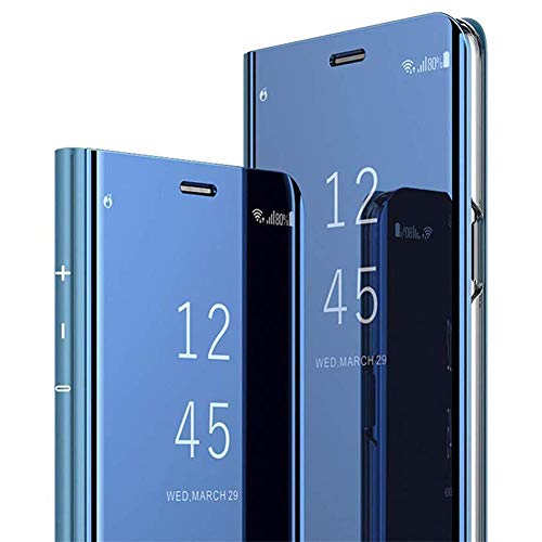 QPOLLY Hülle Kompatibel mit Samsung Galaxy S6 Edge Plus Spiegel Handyhülle Ultra Dünn Clear View Flip Case Mirror Slim PU Leder Flip Schutzhülle handyhülle mit Standfunktion,Blau von QPOLLY