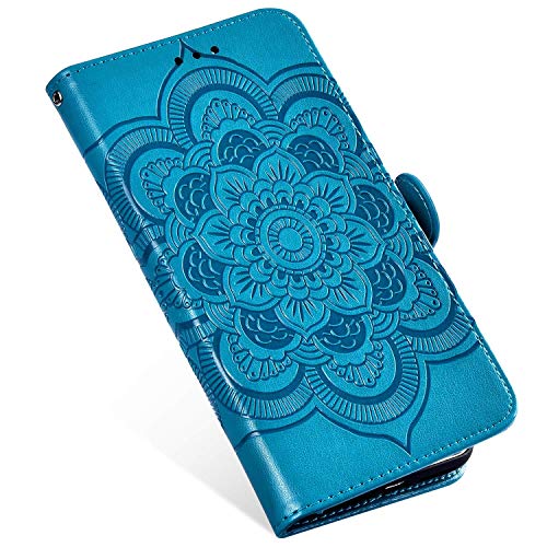 QPOLLY Kompatibel für Xiaomi Redmi Note 7 Hülle,PU Leder Klapphülle Mandala Blumenmuster Ledertasche mit Kartenfach im Brieftasche-Stil Magnet Schutzhülle Standfunktion Handytasche Book Case,Blau von QPOLLY